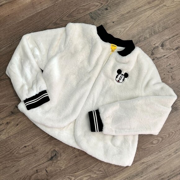 Disney Mickey Mouse 90th Anniversary Faux Fur White Bomber Jacket XL - Picture 2 of 9